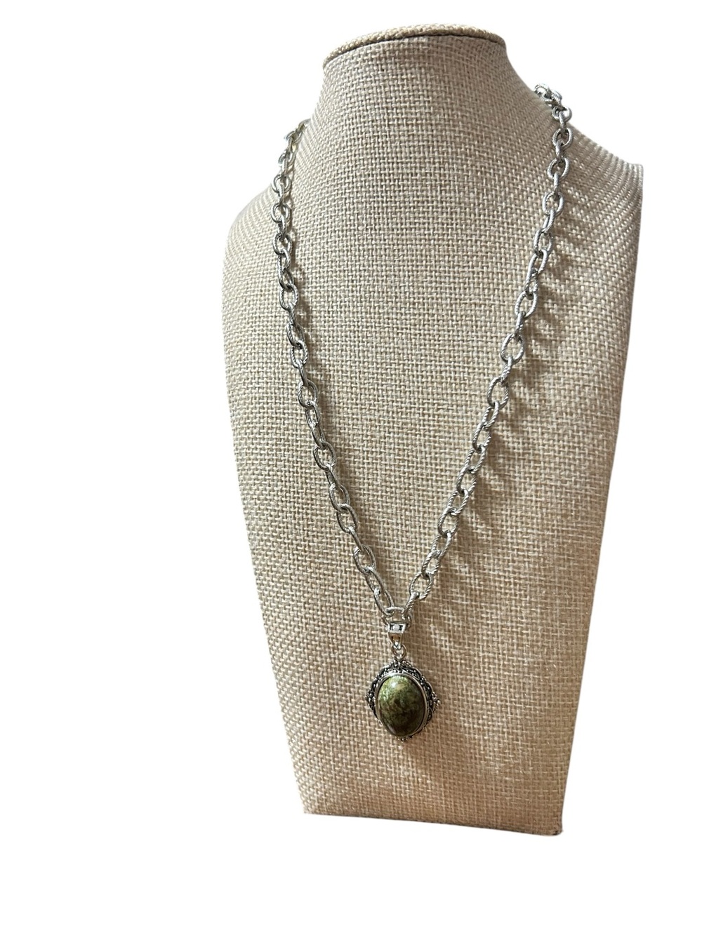 Silver Chain Necklace with Unakite Stone Pendant
